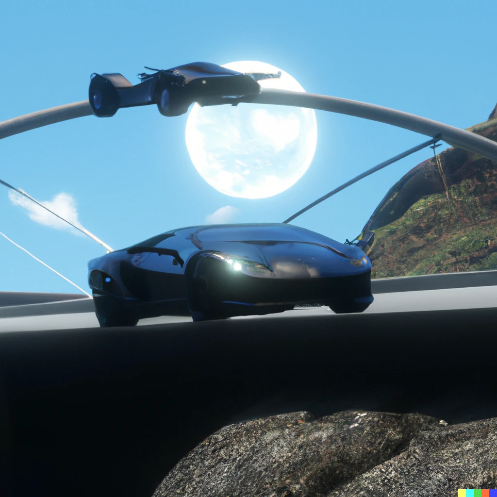 Prompt: Batmobile racing a Lamborghini on a diamond crystallized bridge during an eclipse in Hawaii, 4k detail