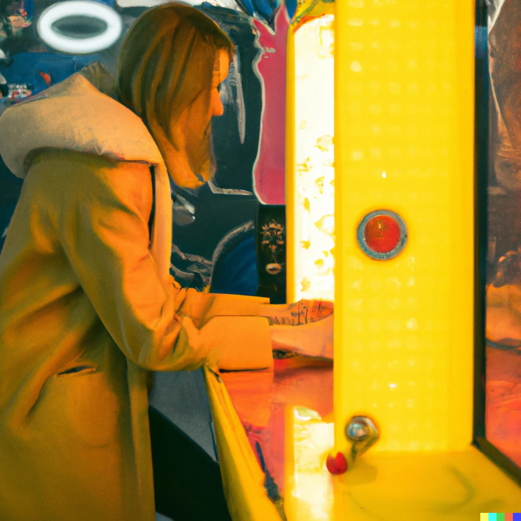 Prompt: A woman in a beige jacket leans over an arcade machine. Pacman. 