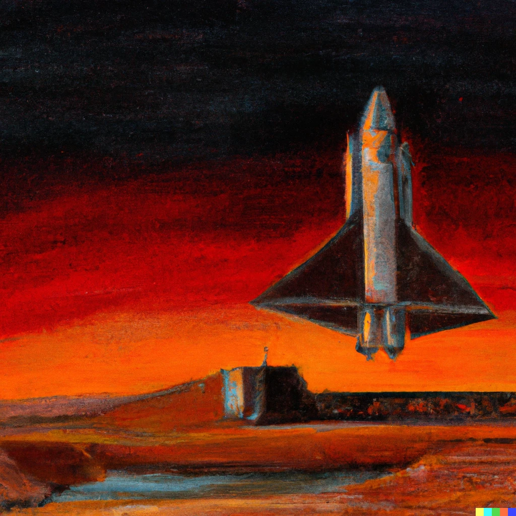 Prompt: Oil painting of SpaceX starship landing on Mars 