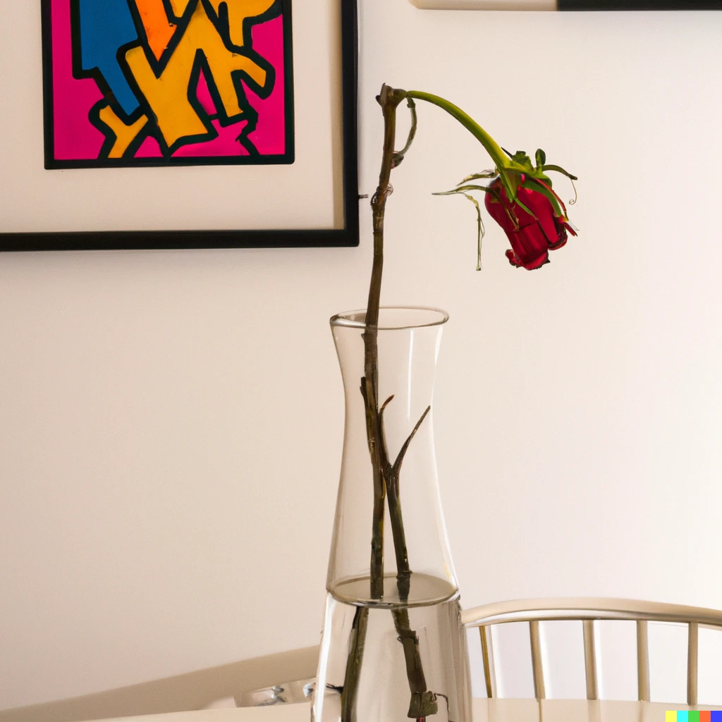 Prompt: A tall glass vase with a single wilted rose on a dining table with a painting of Keith Haring hanging on the wall behind