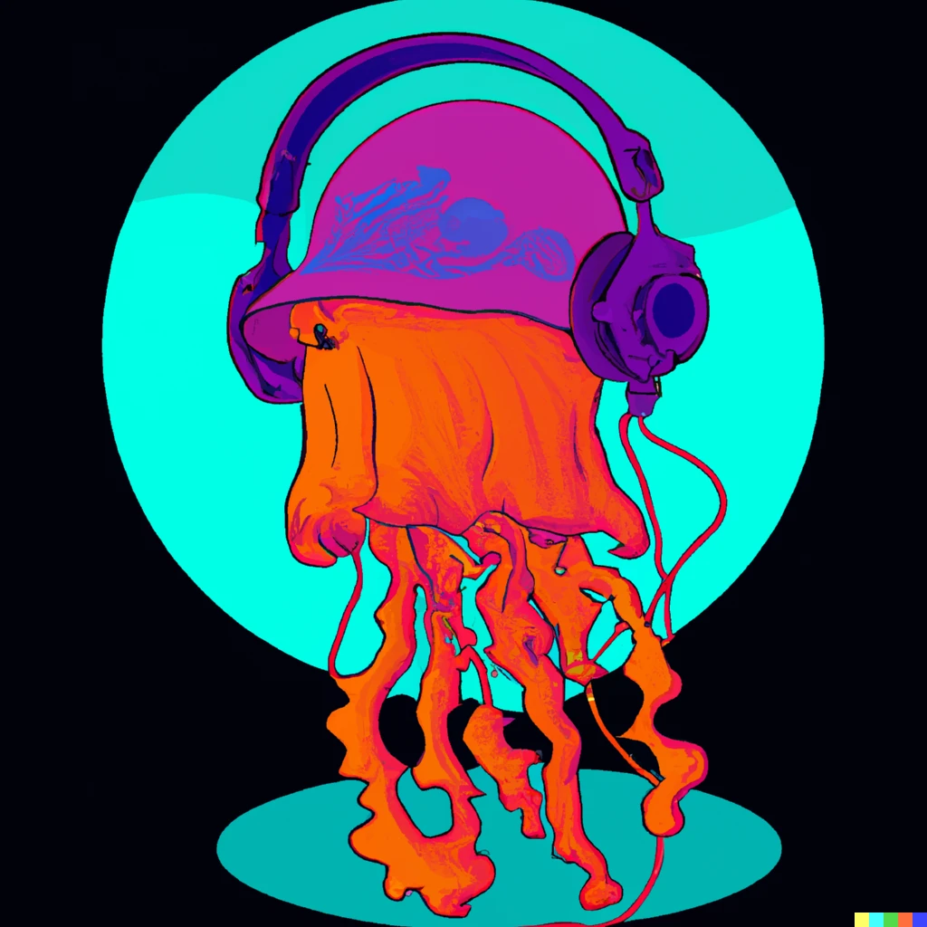 Prompt: jellyfish vibing listening to pschycodelic band witj headphones