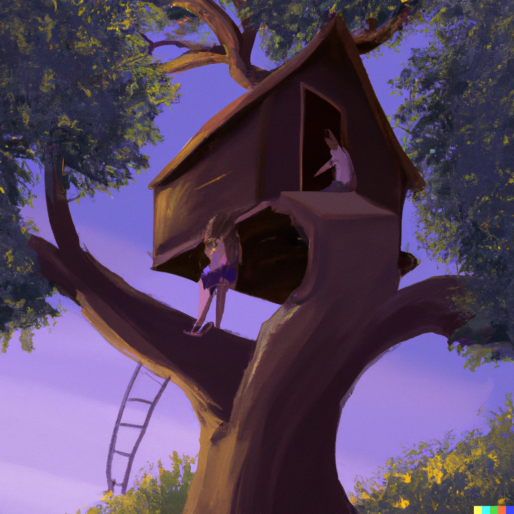 Prompt: girl climbing up a tree house digital art