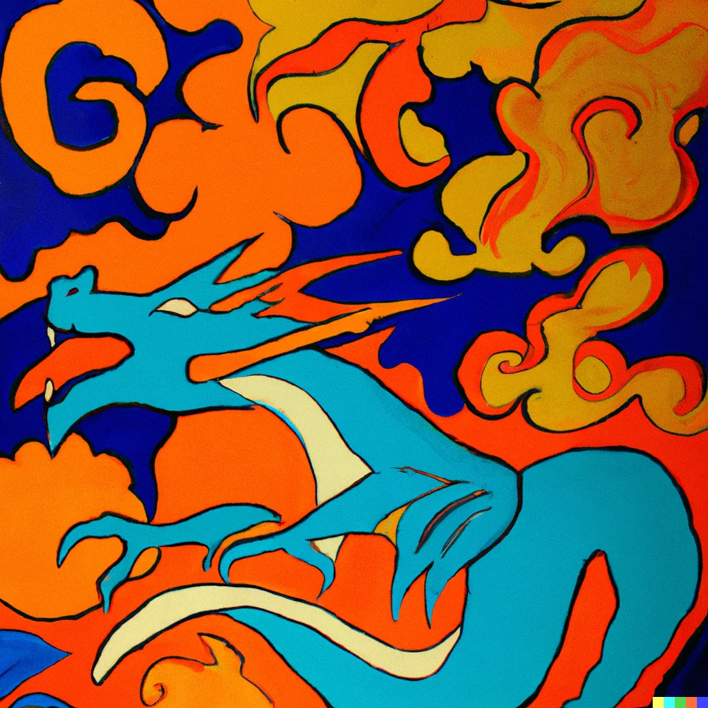 Prompt: An matisse  painting of a dragon breathing fire through storm clouds 