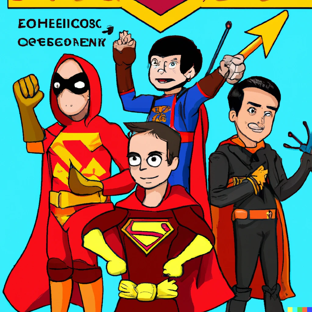 Prompt: developers shown as super heroes in as a cartoon poster