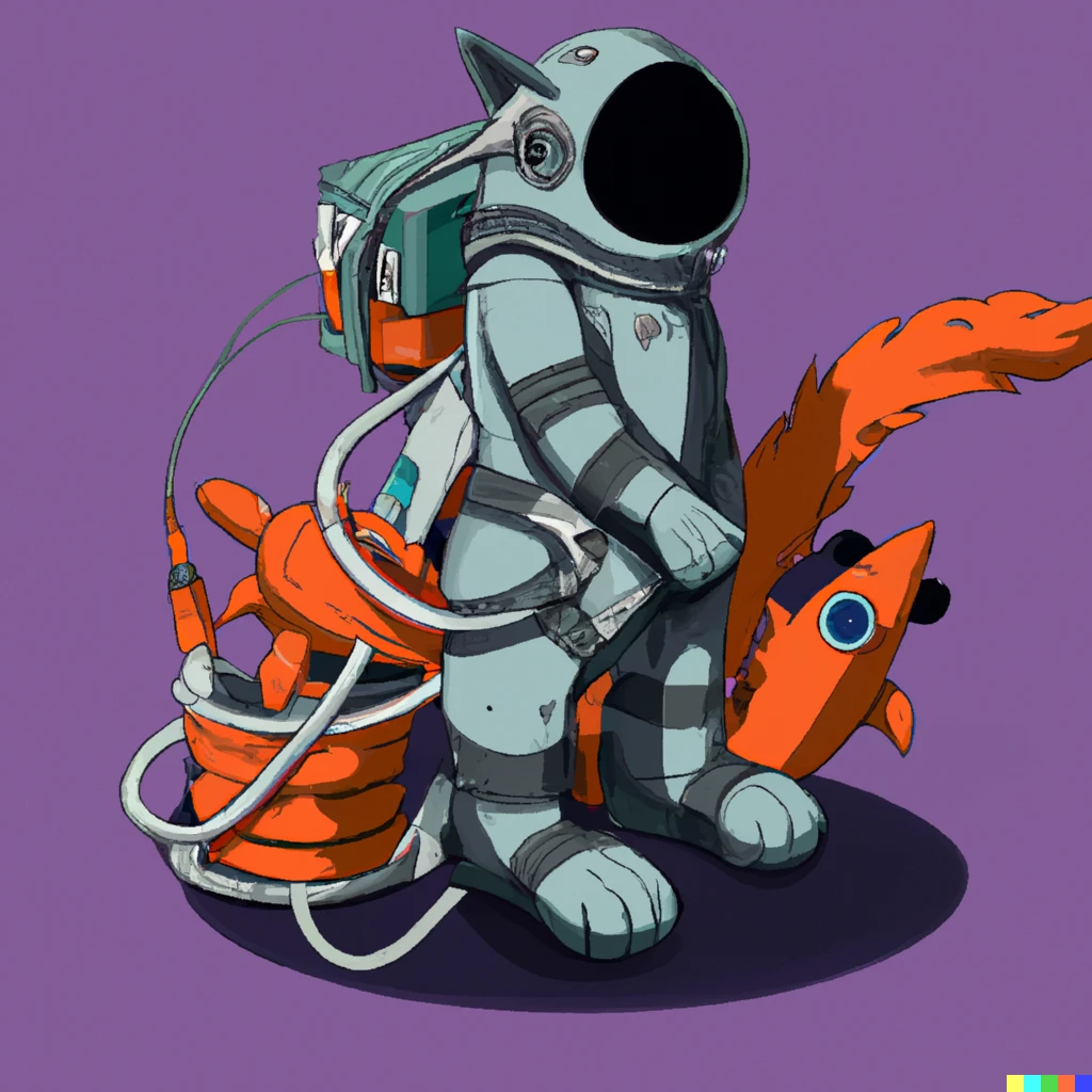 Prompt: A cat-shaped robot from the future, equipped with a 4-dimensional pocket from which he pulls out useful tools from the super-future to make everyone's dreams come true.