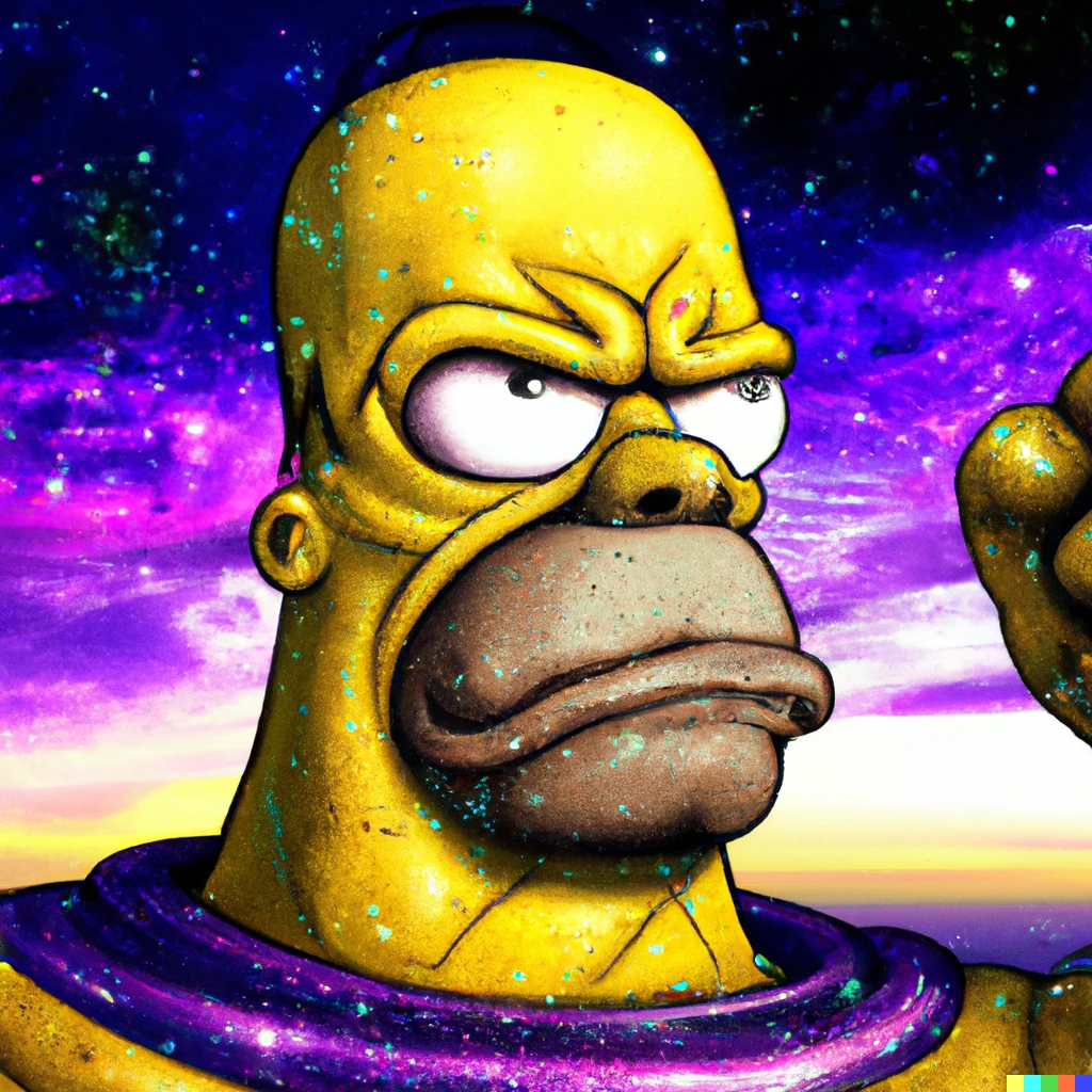 Prompt: Homer Simpson has a face like Thanos. He is wearing an infinity gauntlet, staring triumphantly into the distance over an alien world, digital art.