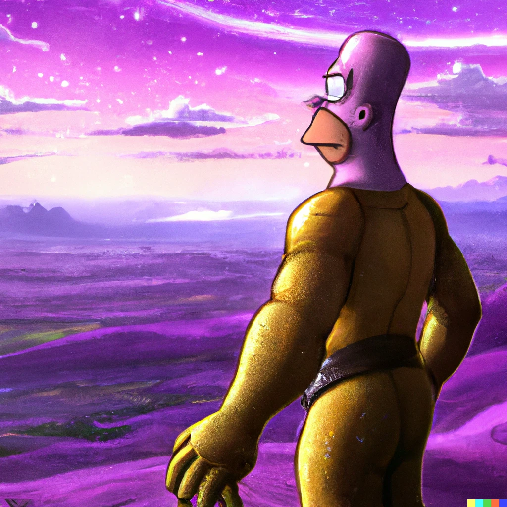 Prompt: Homer Simpson as Thanos, staring triumphantly into the distance over an alien world, digital art.