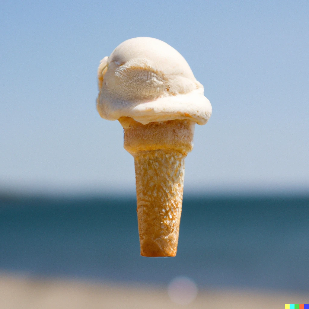 Prompt: An ice cream cone suspended in mid-air, centered, over the a beach on a sunny day. Shallow depth of field.