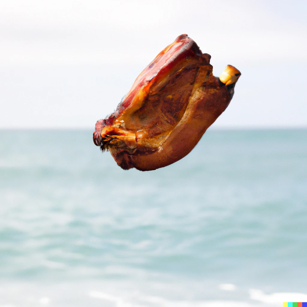 Prompt: A roasted pork floating centered mid-air on a beach on a sunny day. Shallow depth of field