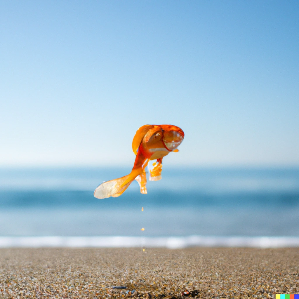 Prompt: A goldfish floating centered mid-air on a beach on a sunny day. Shallow depth of field.