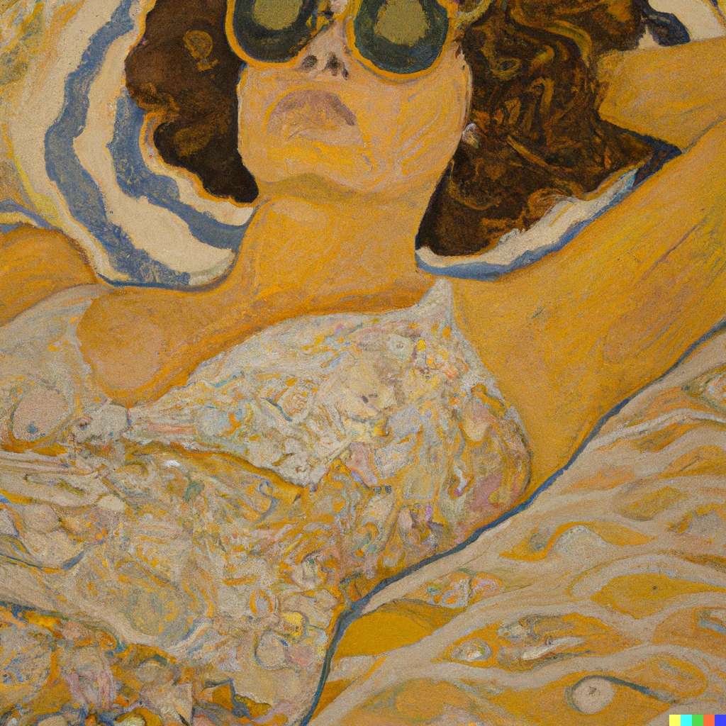 Prompt: a gustave klimt portrait of a woman wearing a pair of sunglasses and a swimsuit lying on the beach 