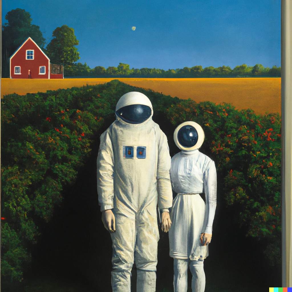 Prompt: a painting by Grant Wood of an astronaut couple, american gothic style