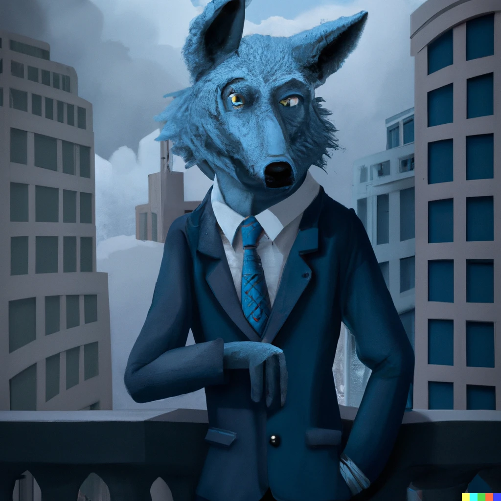 Prompt: picture of a blue anthropomorphic wolf in a suit in the middle of the city