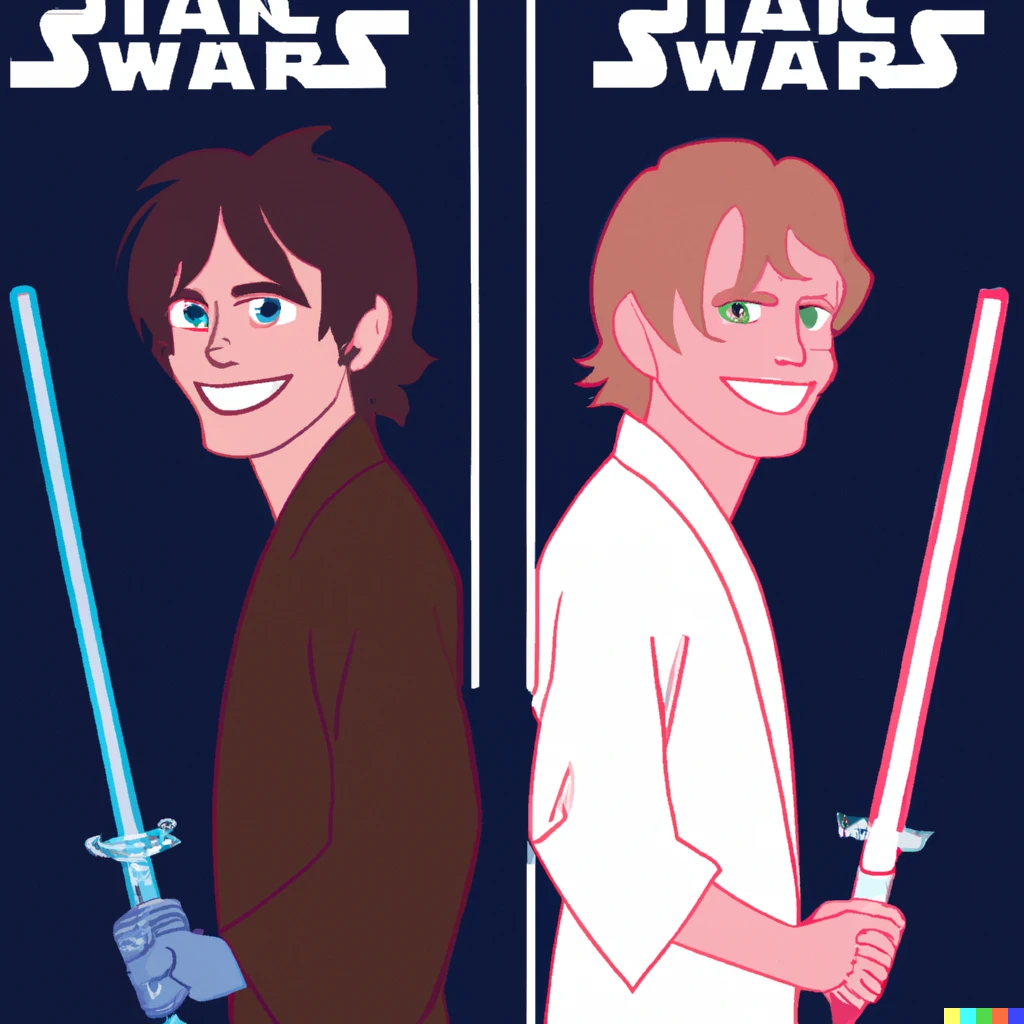 Prompt: Luke Skywalker and Steven Universe standing back to back, each holding lightsabers and smiling, movie poster