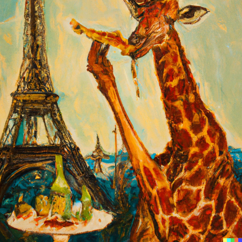 Prompt: a toulouse lautrec painting of a giraffe eating a crepe with the tour eiffel in the background