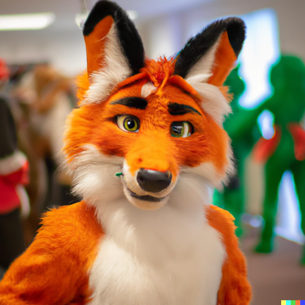 Prompt: a fox fursuit posing at a furry convention