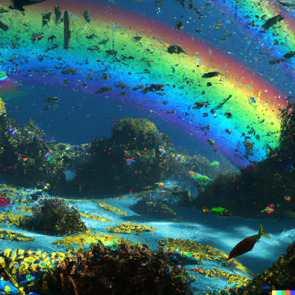 Prompt: a glittery rainbow underwater landscape by James Gurney
