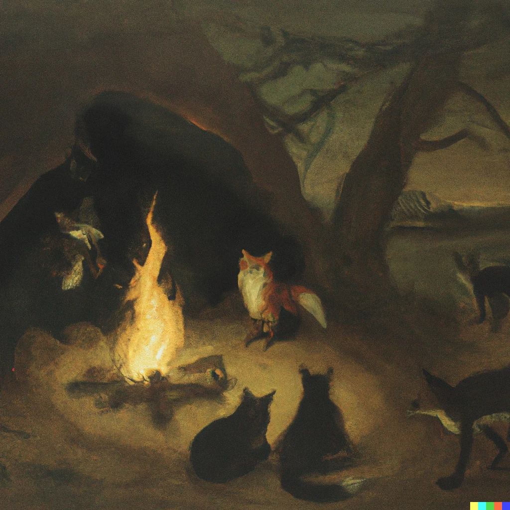 Prompt: foxes around a fire like witches sabbath by francisco goya 