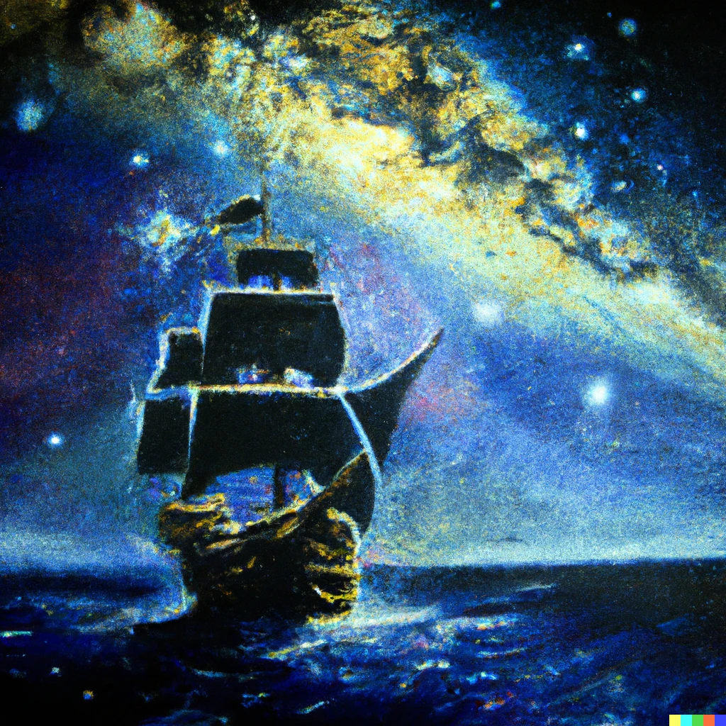 Prompt: oil painting of a pirate ship sailing in the milky way