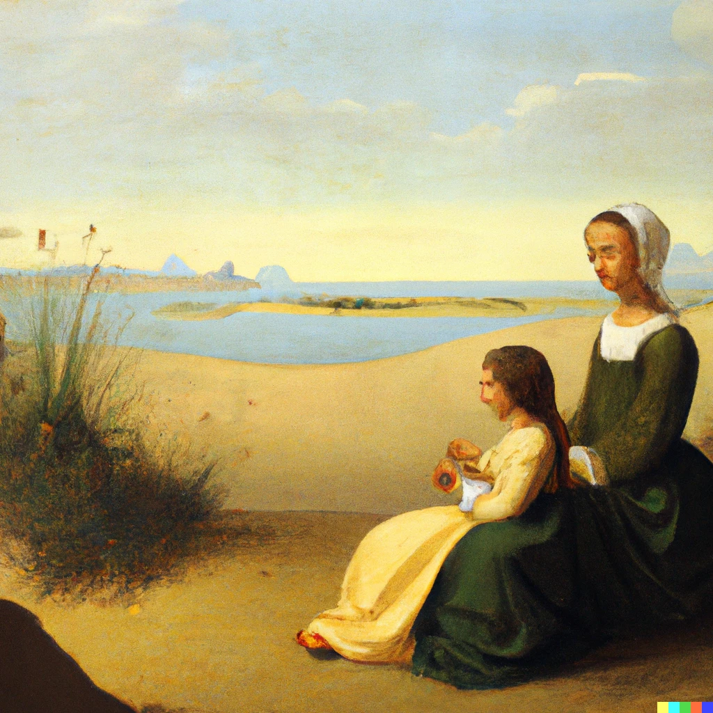 Prompt: a painting by johanes vermeer depicting a woman and her daughter in the foreground on an island with the Dunes in the background on a calm and sunny day 