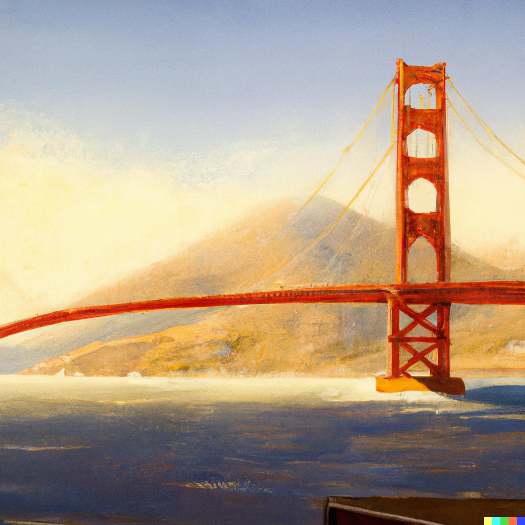 Prompt: a landscape portrait of the golden gate bridge painted by jose maria velasco