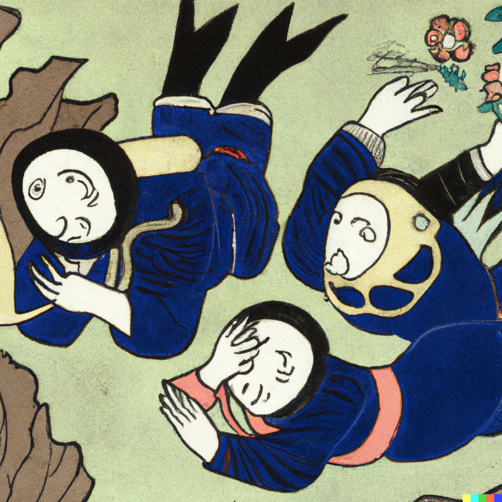 Prompt: a medieval japanese painting depicting scuba divers