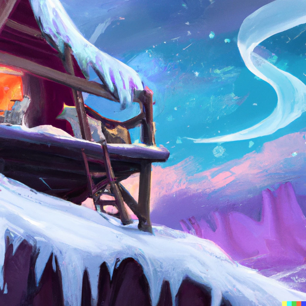 Prompt: A small cabin on top of a snowy mountain in the style of Disney with a wolf and auroras, artstation