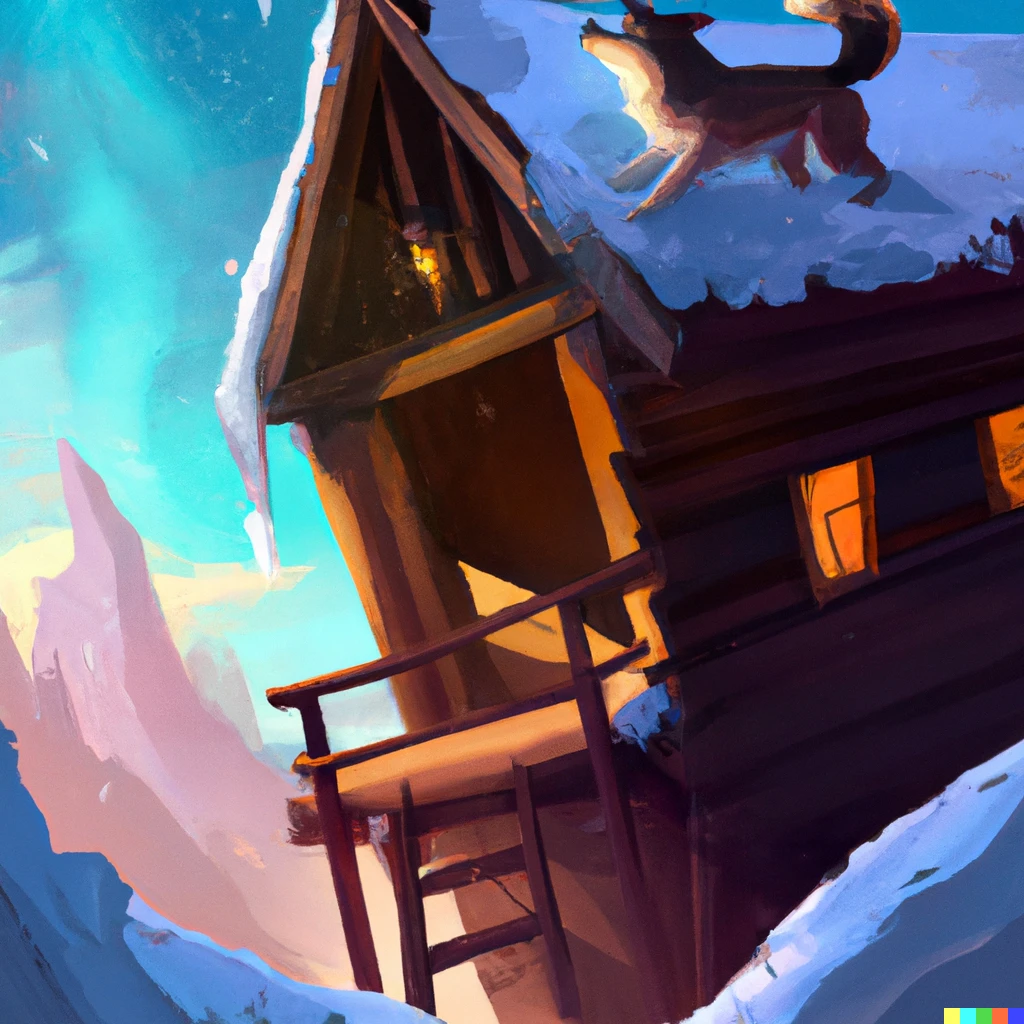 Prompt: A small cabin on top of a snowy mountain in the style of Disney with a wolf and auroras, artstation