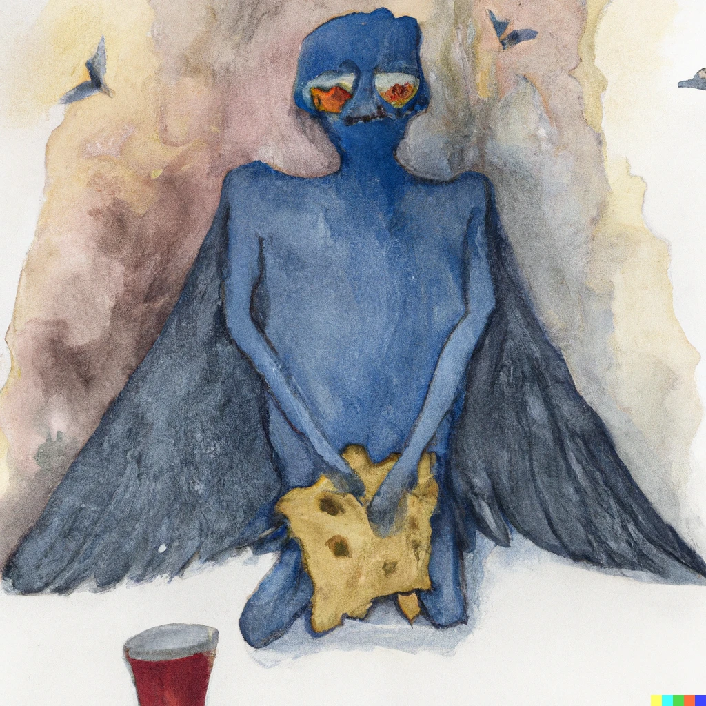 Prompt: mothman sadly eating doritos after a breakup, watercolor painting