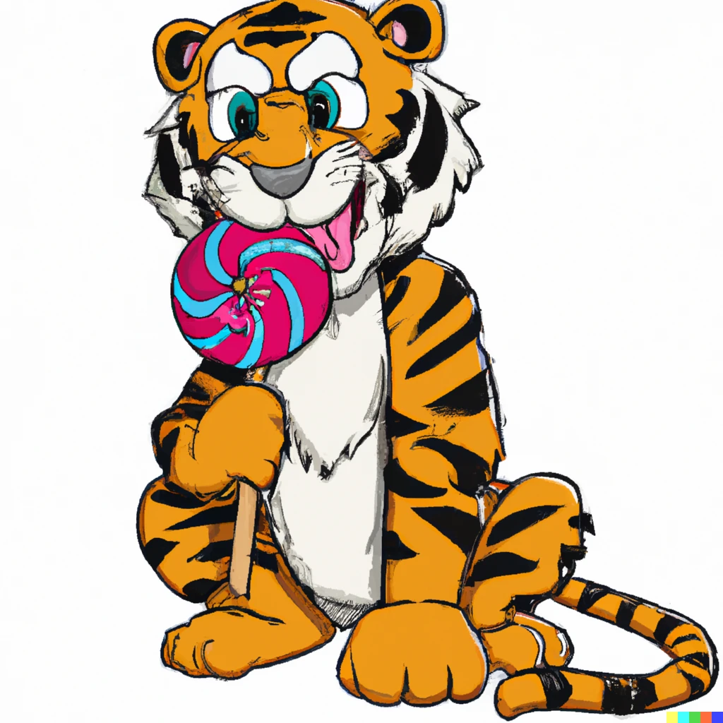 Prompt: tiger eating a lollipop