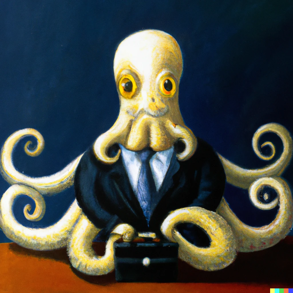 Prompt: An octopus as a businessman in the style of an oil painting 