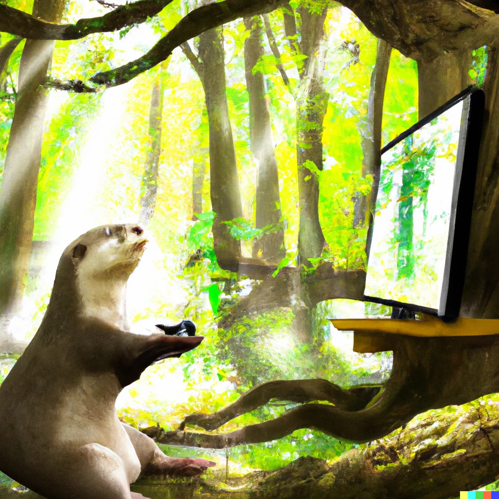 Prompt: An otter playing video games in a bright forest as digital art