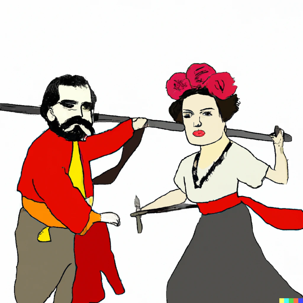 Prompt: Amateur art of Frida khalo and Karl Marx sword fighting 
