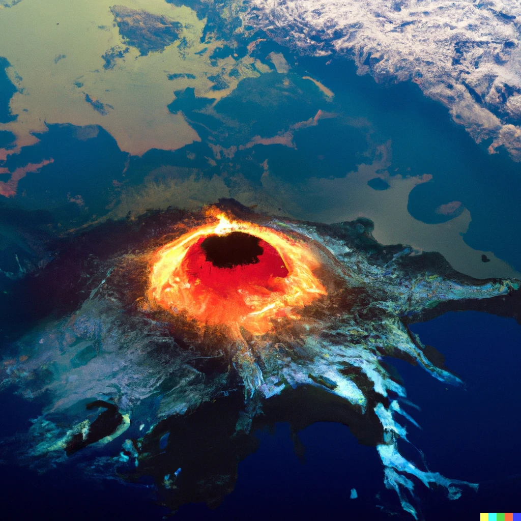 Prompt: A supervolcano eruption as seen from a space station oribing earth