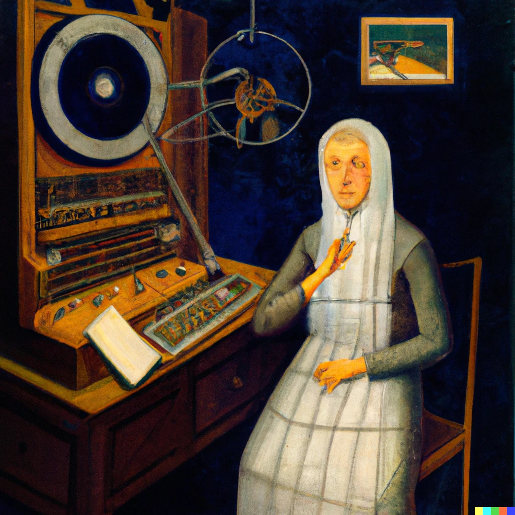 Prompt: Lucas Cranach painting of Delia Derbyshire making the Dr.Who theme with the BBC Radiophonic Workshop 