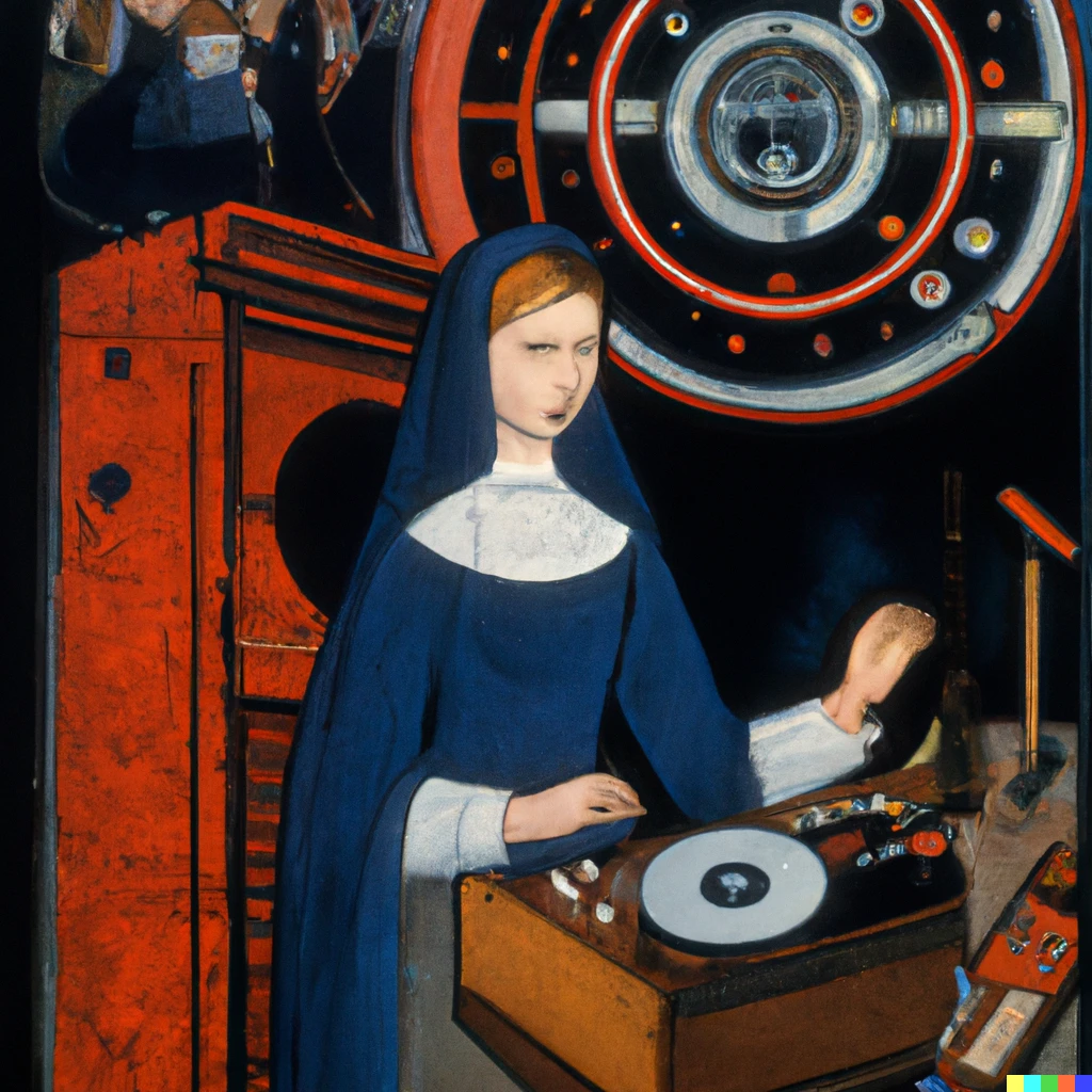 Prompt: Lucas Cranach painting of Delia Derbyshire making the Dr.Who theme with the BBC Radiophonic Workshop 
