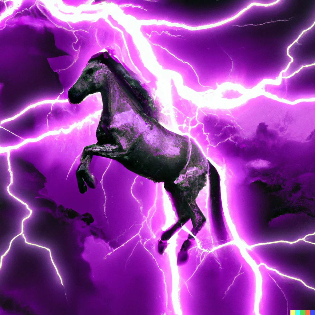 Prompt: A psychedelic horse riding a lightning bolt in a purple rainstorm, a realistic rendering.