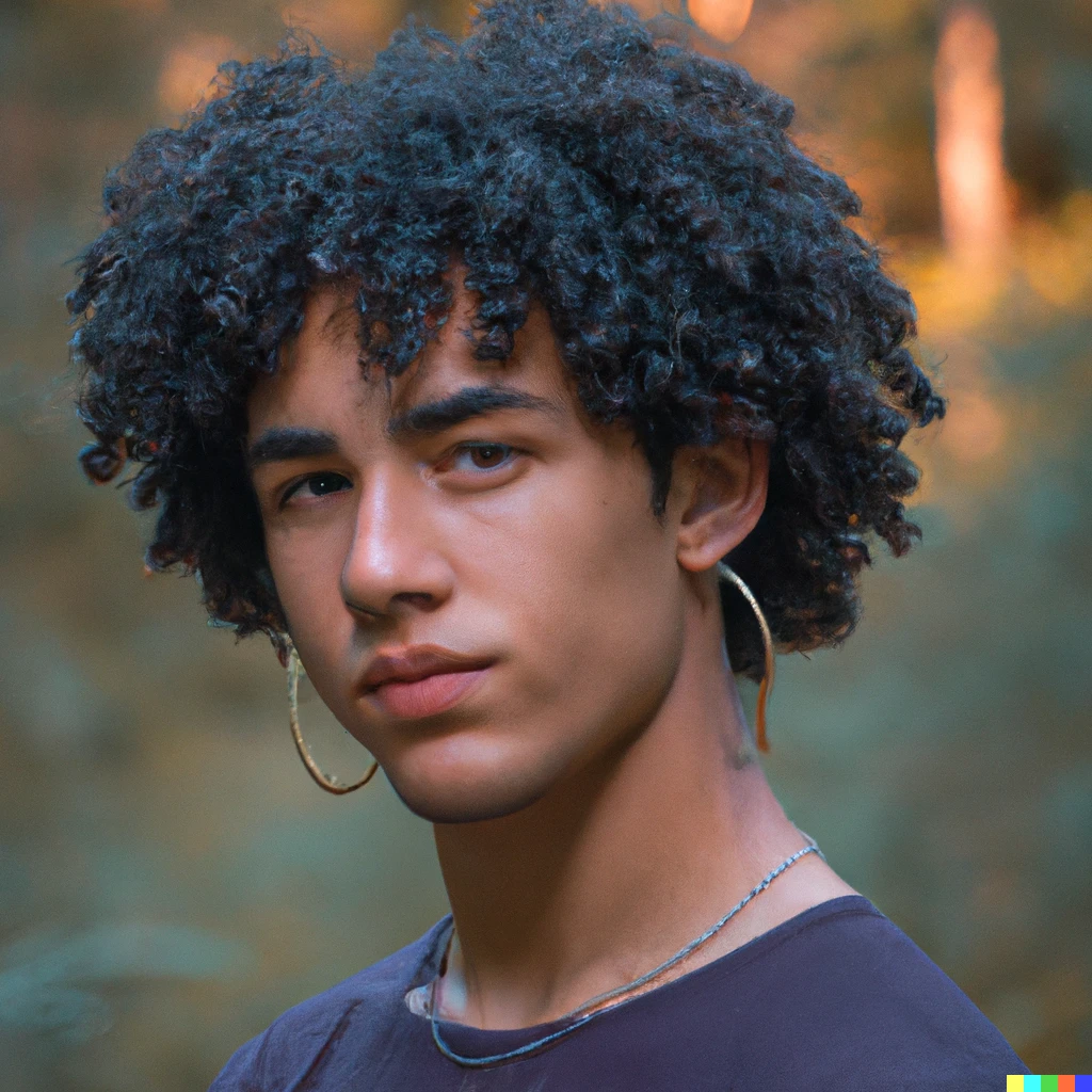 Prompt: curly young boy, black hair, violet eyes, brown skin, in the forest