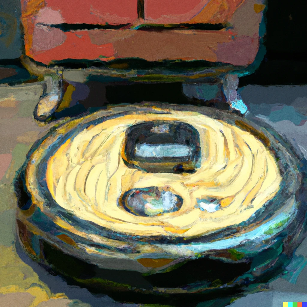 Prompt: An oil painting by Vincent Willem van Gogh of a robot vacuum cleaner