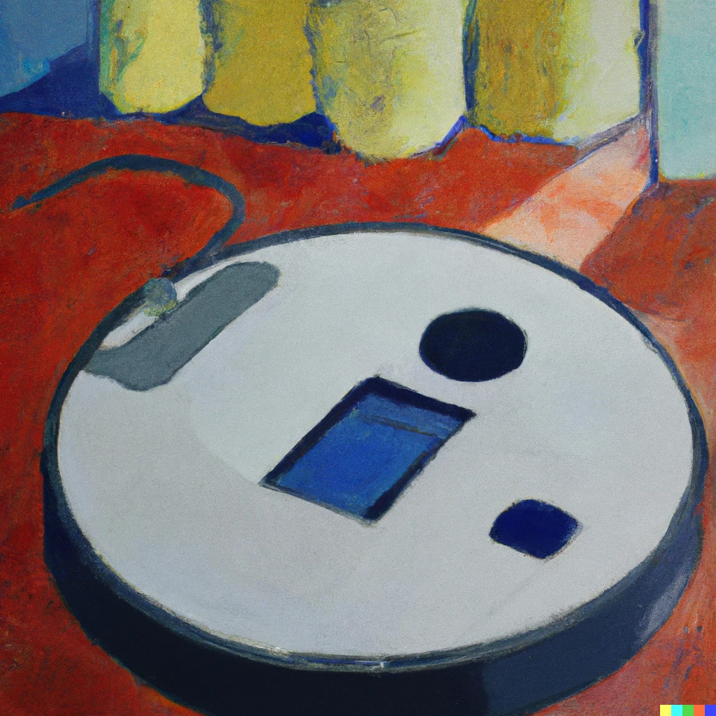Prompt: An oil painting by Matisse of a robot vacuum cleaner