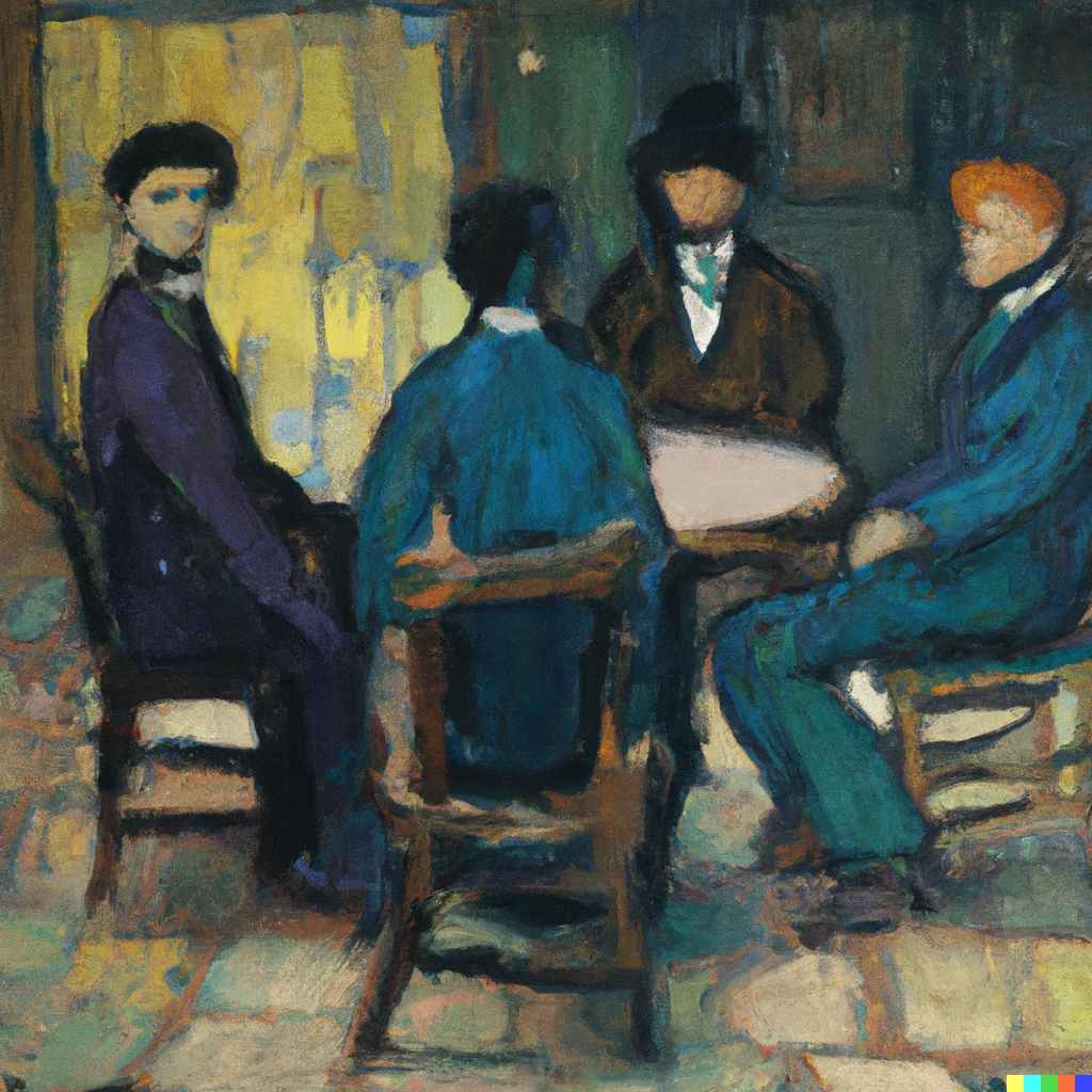 Prompt: An oil painting by Vincent Willem van Gogh of a designers' roundtable discussion