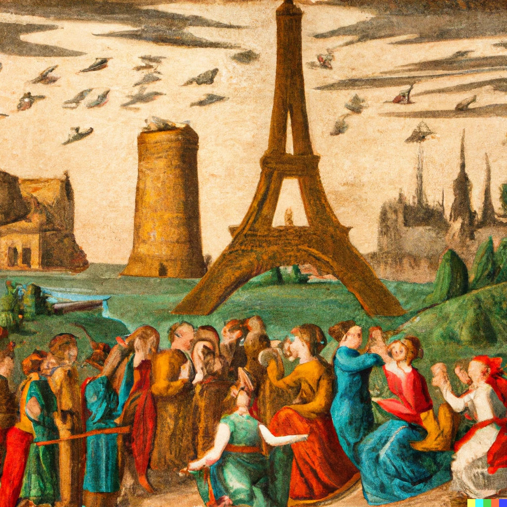 Prompt: A medieval painting of people complaining the Eifel tower