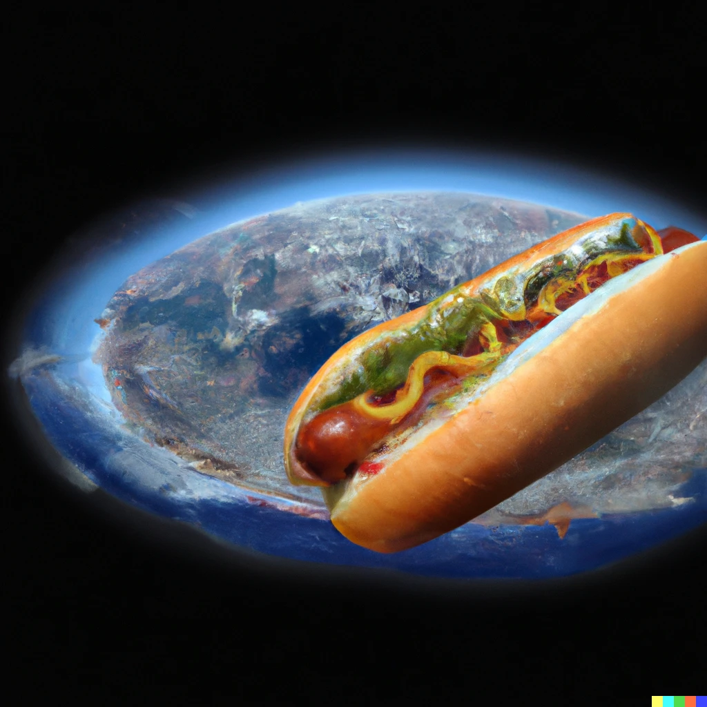Prompt: A photorealistic Chicago-style hot dog in place of Earth in a scientific illustration of our planetary system