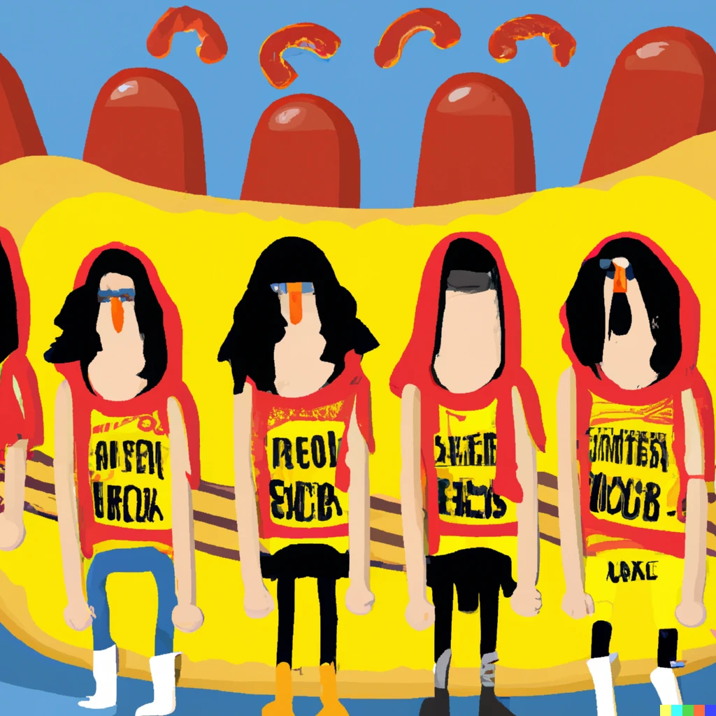 Prompt: The band the Ramones wearing hot dog costumes