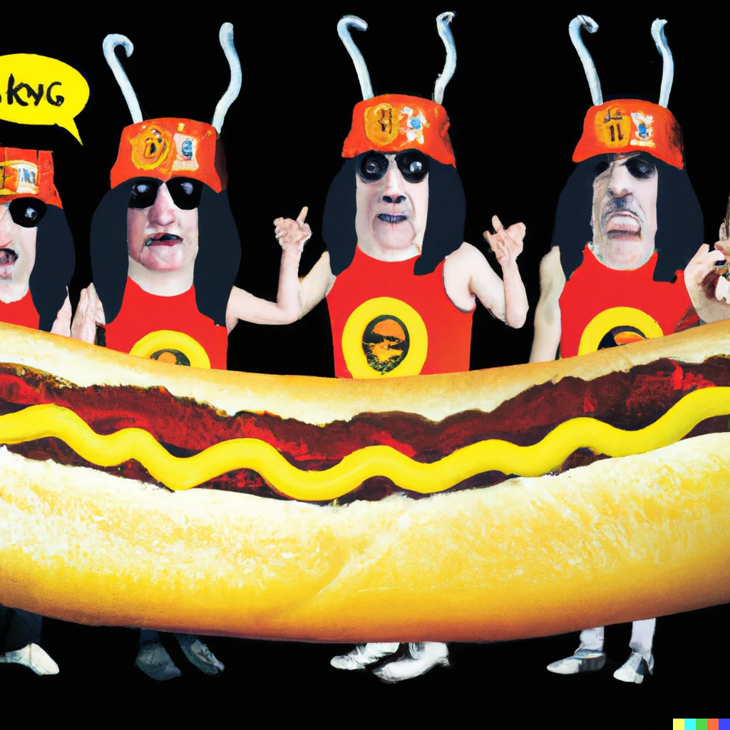 Prompt: The band the Ramones wearing hot dog costumes