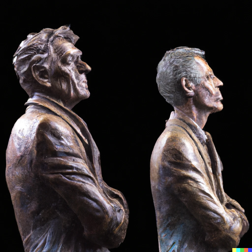 Prompt: Bronze statue highly detailed full body and face of the author Douglas Adams and Mark Carwardine