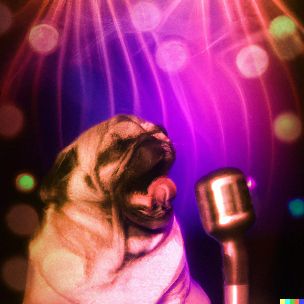 Prompt: A pug singing wonderwall at karaoke night, photograph
