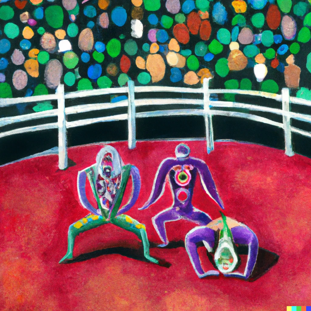 Prompt: acid trip surreal painting of a violent luchador death match in a wrestling ring