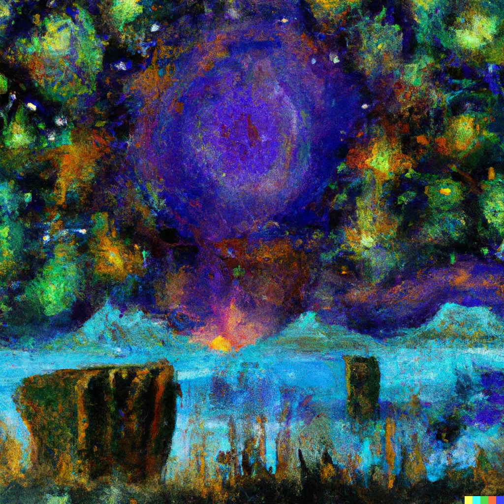 Prompt: A high quality impressionist van gogh style painting of lovecraftian cosmic horror landscape