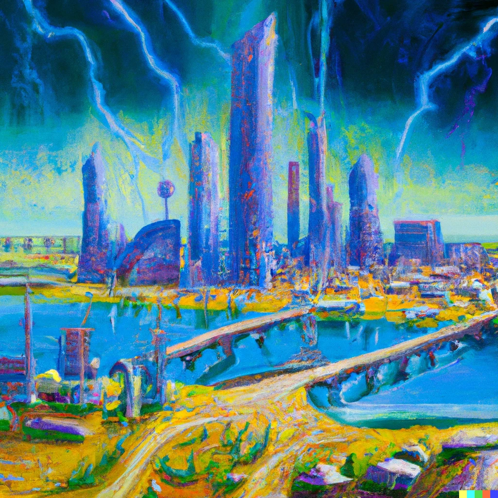 Prompt: An oil painting of a futuristic city in the midwest 